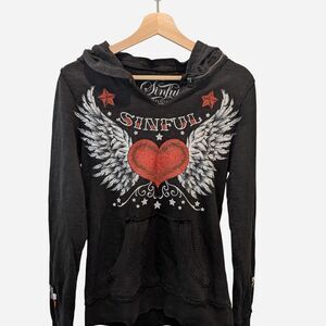 Y2K Sinful by Affliction Wings Hoodie Black Large Glitter Heart Bikercore Goth